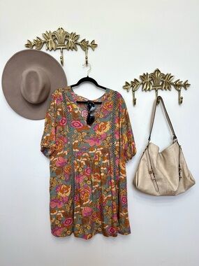 Floral Short Sleeve Swing Dress - Pink & Mustard XL flowy ptp 25” l 36”